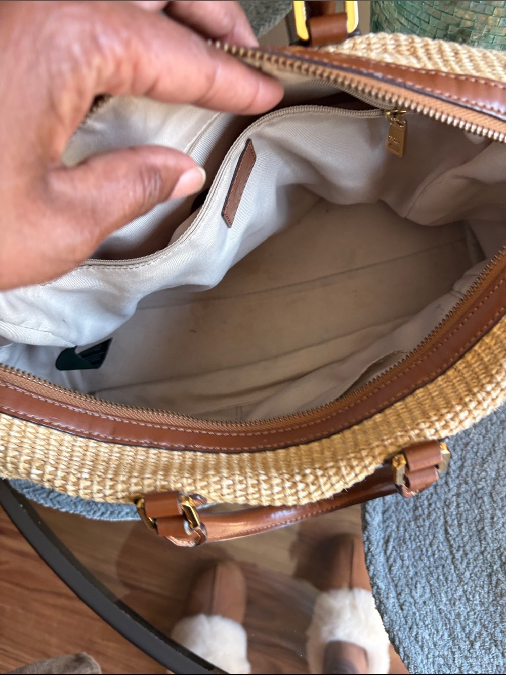 Lauren Ralph Lauren Straw Woven Satchel with Brown Trim - Picture 3 of 5